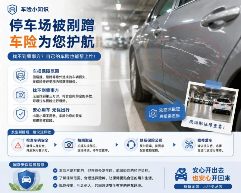 停车场被剐了一道，找不到肇事车：自己的车险能赔吗？
